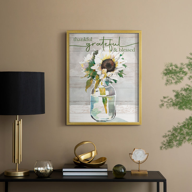 «Thankful, Grateful, Blessed», reproduction encadrée - bois massif, H 30 po x l 24 po, Doré