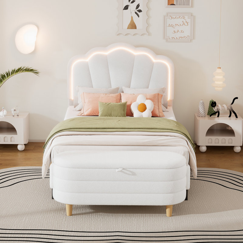 Ensemble de chambre à coucher 2 pièces avec lit plateforme tapissier en forme de fleur à DEL, Simple, Blanc