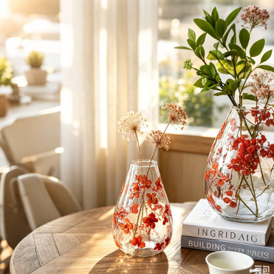 Ensemble de 2 vases de table ronds en verre rouge à motif floral rouge