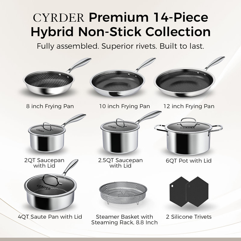Ensemble de 14 pièces de casseroles et poêles antiadhésives hybrides CYRDER Premium en acier inoxydable 18/10