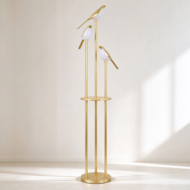 Lampe sur pied à DEL réglable en forme d'oiseau à DEL, lampe sur pied en métal doré avec tablette décorative