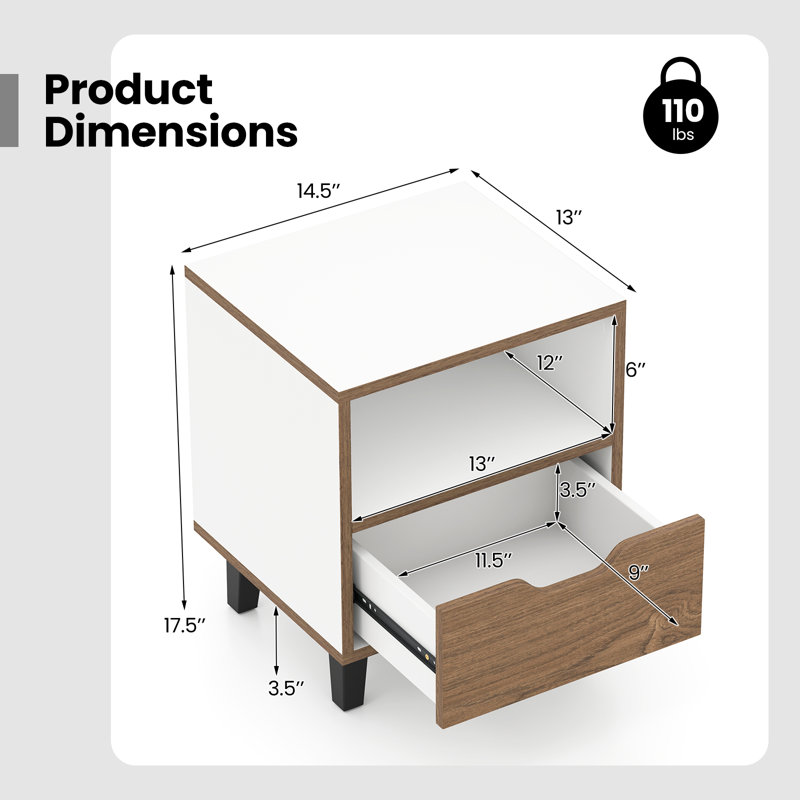 Table de chevet moderne Mid Century avec tablette de rangement ouverte, Ensemble de 2