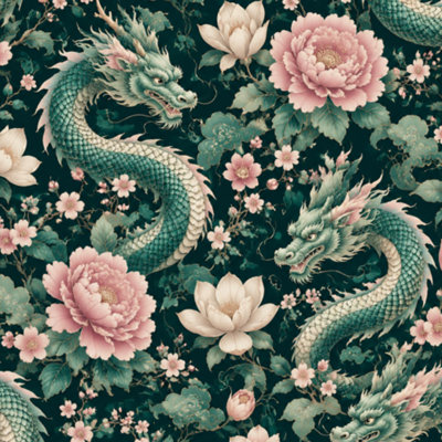 Rouleau de papier peint à peler et à coller amovible à motif oriental de fleurs de dragon oriental dessiné à la main foncé l 23,6 po x H 118 po