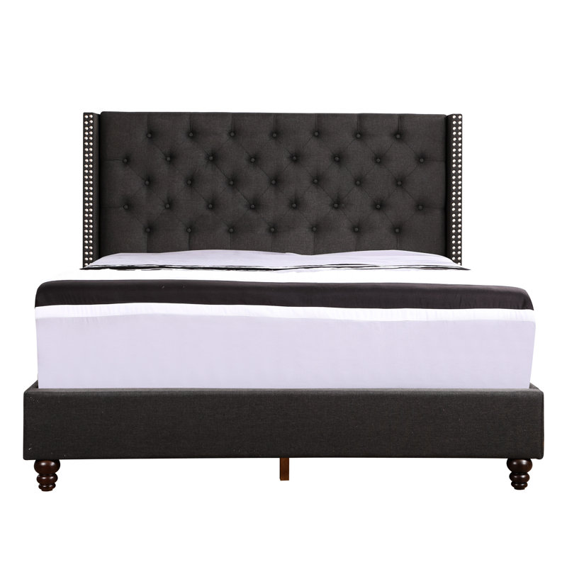 Lit élégant et grand lit - H 50 po x l 66 po x P 86 po, tissu noir, rembourrage en mousse, structure en métal, tête de lit, tissu transitionnel requis avec cadre et tête de lit pour se détendre, nécessaire