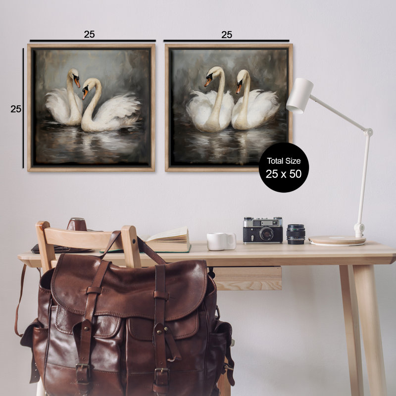  «Twin Swans with Reflections», ensemble de 2 toiles flottantes encadrées par Novae, H 25 po x l 25 po