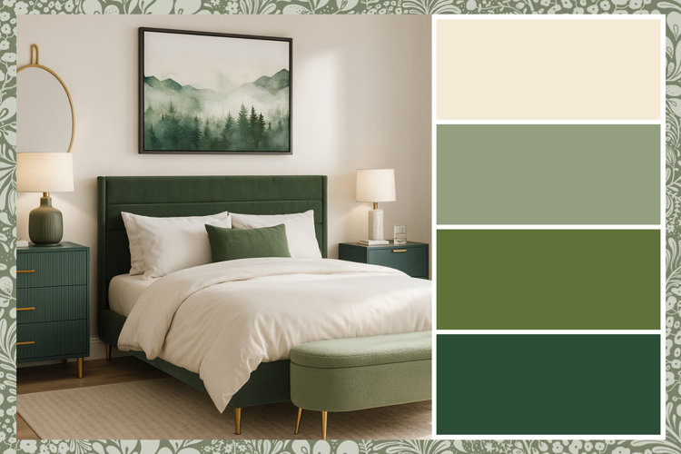 glam bedroom with a color palette of sage, forest, and emerald green