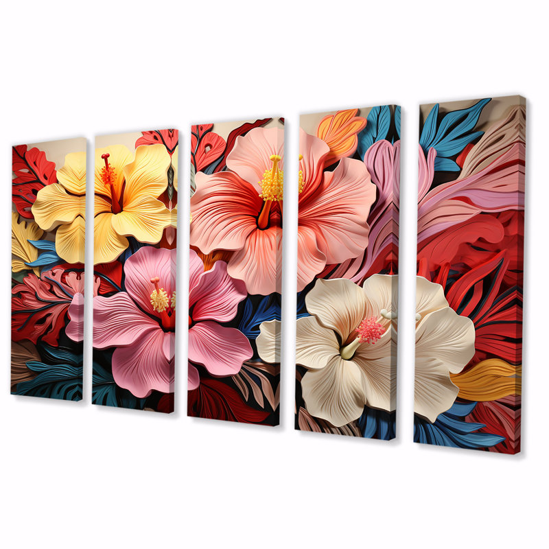 «Colorful Hibiscus Flowers Floral Harmony I - Hibiscus», art mural 5 pièces, H 28 po x l 60 po