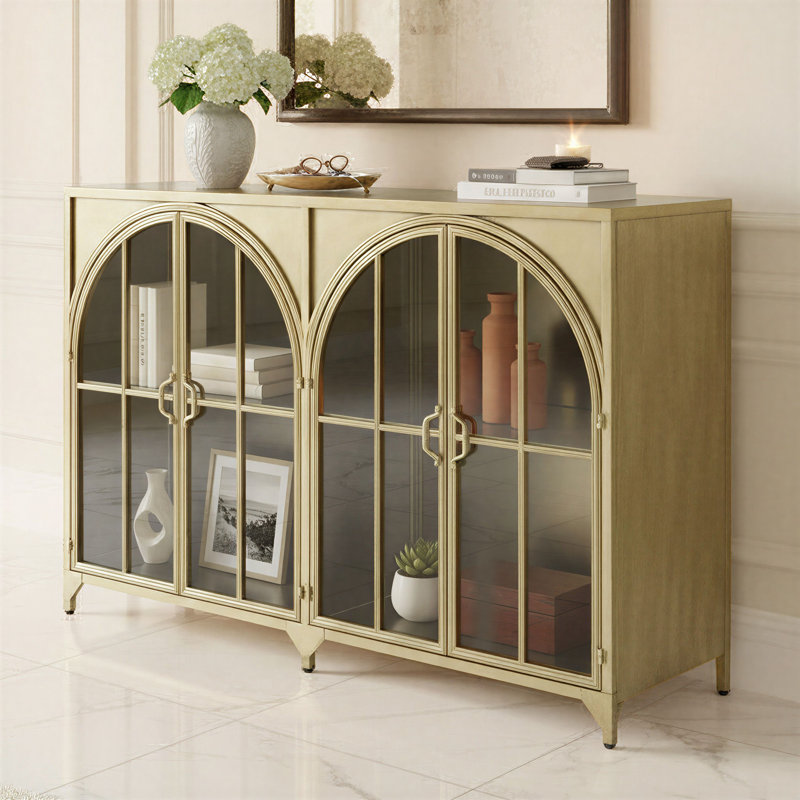 Parisian Arched Glass Door Metal Sideboard, Gold