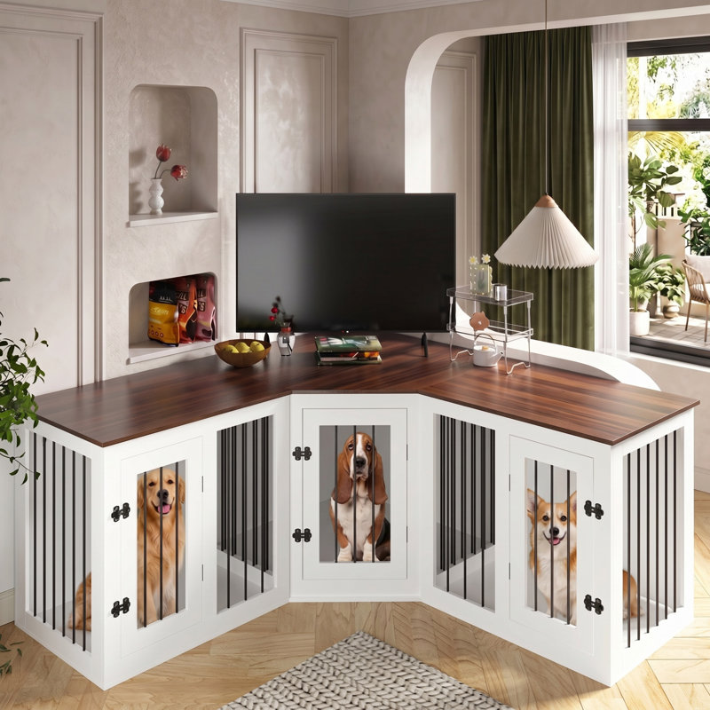 Meuble de coin pour chien de 113 po pour 3 chiens, chenil d'intérieur en bois robuste avec cloison, cage 3 en 1 pour petits et grands chiens