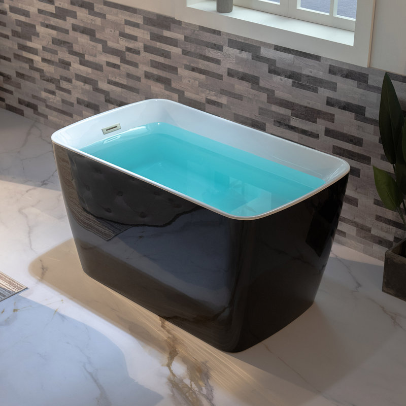 48'' Freestanding Air Soaking Acrylic Rectangular Black Bathtub with Integrated Seat,Non-Slip Design, Brushed Nickel