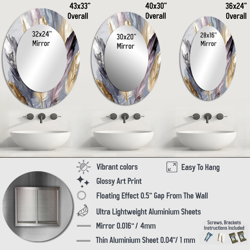Purple Feather Boho Majesty - Glam Oval Wall Mirror, 43" x 33"