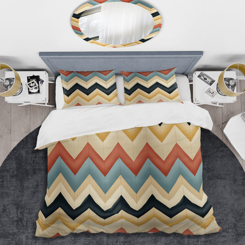 Literie à motif de chevrons Earthy Tones, Housse de couette pour grand lit et 2 taies décor