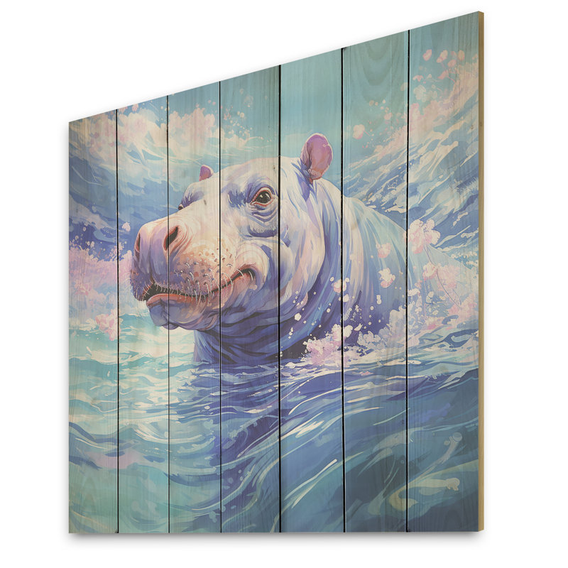 Hippopotame bleu serein bleu - Hippopotame sur bois, H 15 po x l 15 po