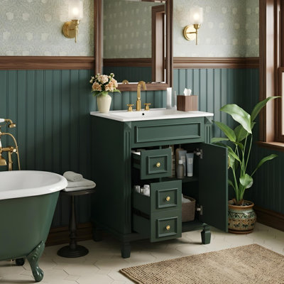 Bathroom vanity with a ceramic sink and multi-purpose storage