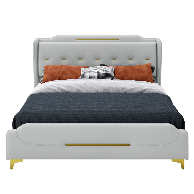 Leather Bed Frame With Wingback Headboard & Footboard PU Upholstered Platform Bed Solid Wooden Slats Support Easy Assembly