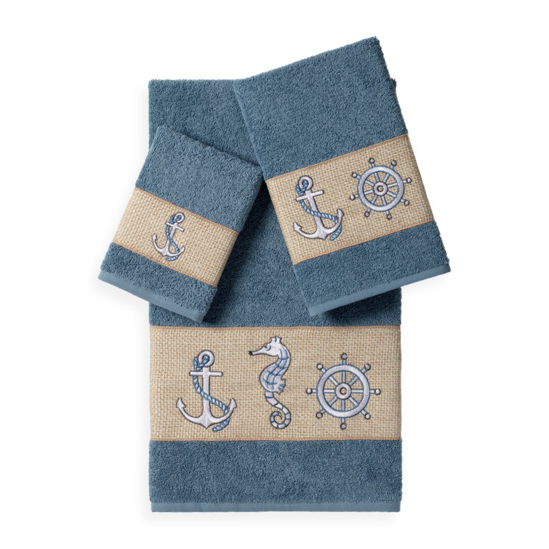 Easton Embellished 3 Piece Turkish Cotton Towel Set, Teal Blue