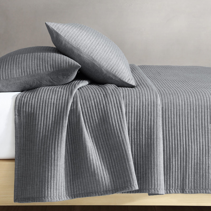 Calvin Klein Mini Channel Stitch Solid Reversible Quilt Set, Grey, King Quilt + 2 King Shams