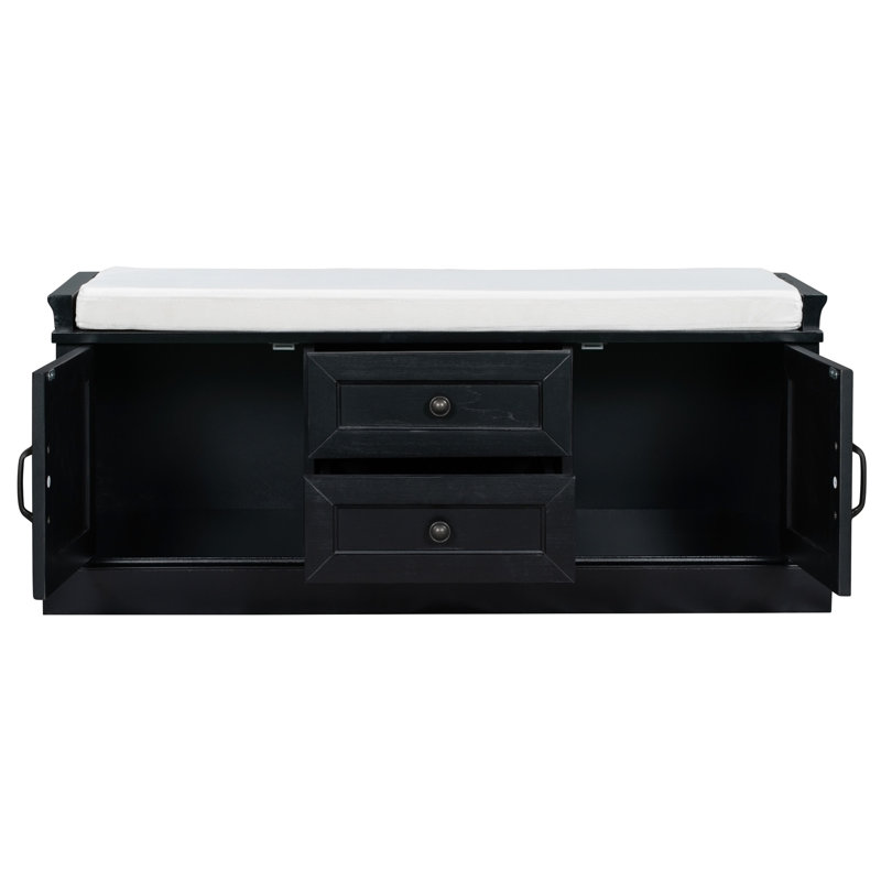 Storage Bench With 2 Drawers And 2 Cabinets,Shoe Bench with Removable Cushion,entryway bench, Black