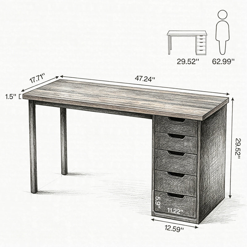 Bureau d'ordinateur 47 po à 5 tiroirs, bureau compact à domicile avec rangement, Brun / Blanc