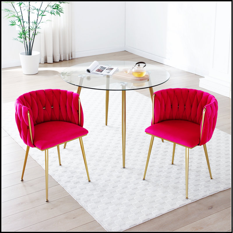 Ensemble de 2 chaises de salle à manger modernes en velours avec dossier tissé et pieds en métal doré, Velours rouge