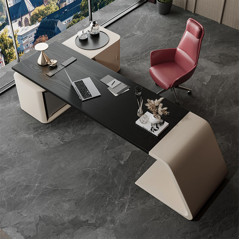 Bureau de bureau 74,8 po en pin noir et blanc avec plateau à thé et cuisinière à induction
