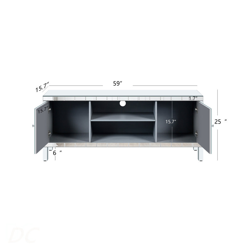 Meuble télé en miroir pour téléviseur de 65 pouces et plus, console de télévision avec rangement ouvert et 2 armoires de rangement, portes de miroir en forme de M pour le salon (l 59 po x H 25,2 po x P 15,7 po)