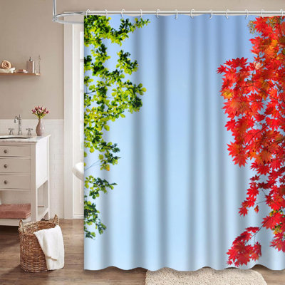 Forest Green Fall Red Maple Leaves Blue Sky Branch Tree Abstract Autumn Shower Curtain with 12 Hooks