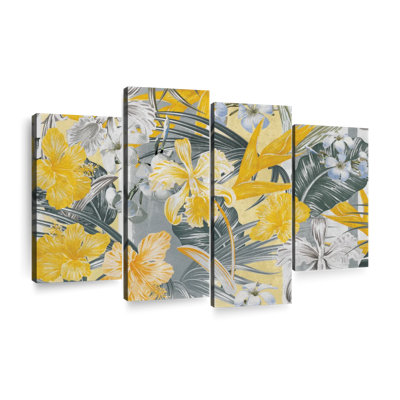Fleur jaune, fleurs tropicales sur toile, 4 pièces