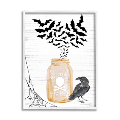 «Spooky Bats Flying Black Raven», toile d'araignée encadrée noire, art texturé par lettres et lignes