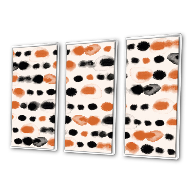 «Black and Orange Polka Dots», peinture sur toile flottante 3 pièces, L 36 po x H 28 po, Cadre blanc