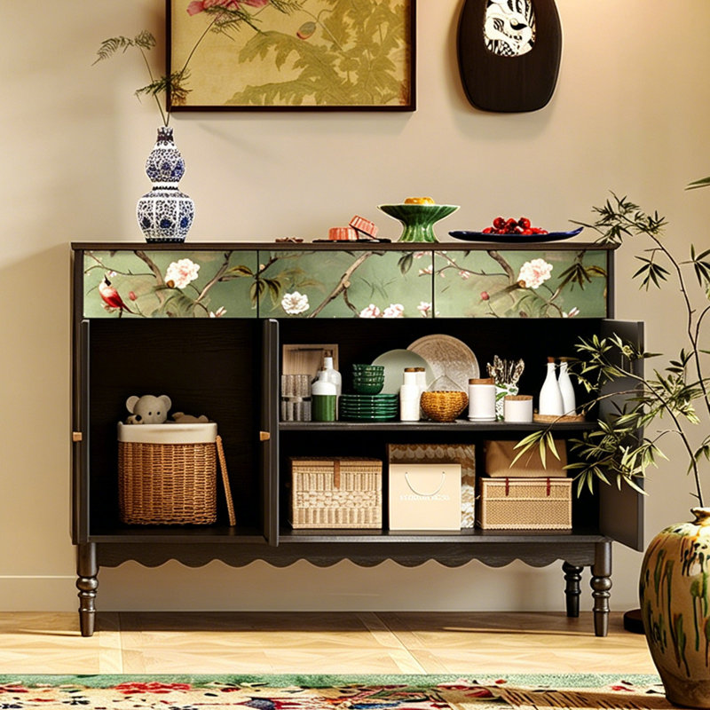 Vintage Green Branch Bird Pattern Storage Cabinet