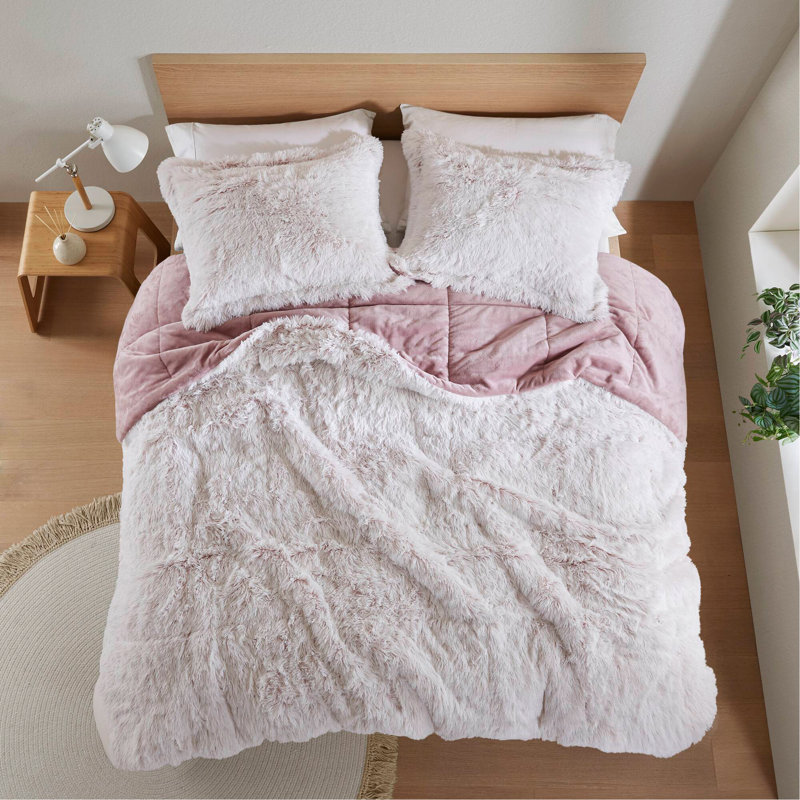 Ensemble de 2 mini édredons en fausse fourrure à poils longs pour lit simple / simple TG rose / blanc, Rose/Blanc