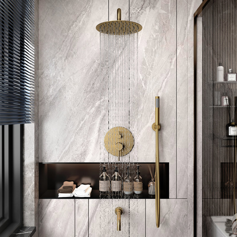 Round 3 Functions Wall Mount Dual Shower Head Complete Shower System with Rough-in Valve, Brush gold