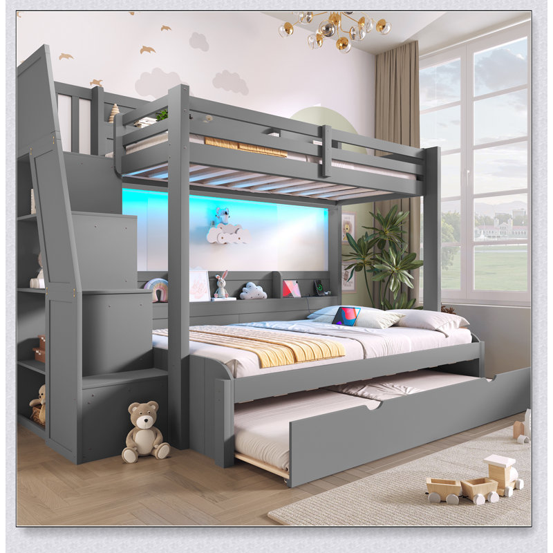 Twin Over Full Bunk Bed With Storage Staircase,  Trundle, Storage Shelves, LED And USB, Gray