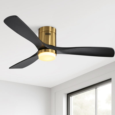 52"Smart Flush Mount 3-Blade Solid Wood Ceiling Fan With Light and Remote/App/Voice Control（Gold&Black）