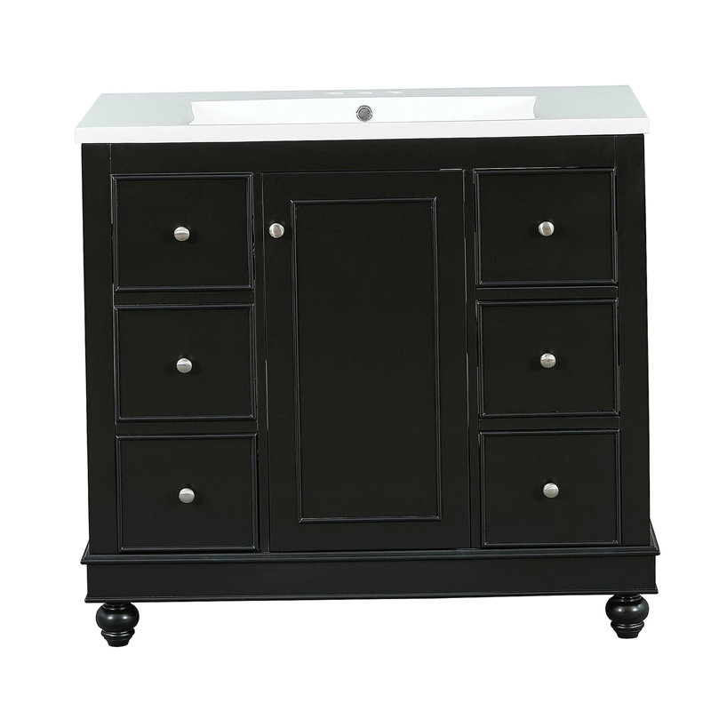 Armoire de comptoir de salle de bain moderne grise avec 4 tiroirs et 1 porte, rangement multifonctionnel, lavabo intégré en résine, tablettes réglables, structure en bois massif et panneau de fibres à densité moyenne
