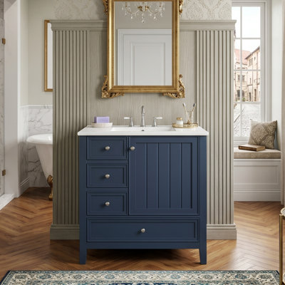 30" Modern Freestanding Bathroom Vanity with Half-Moon Ceramic Sink Top, Asymmetric 3-Drawer Column Stack with Removable Dividers & Right Hinged Door Cabinet Vault (Blue & White Finishes)