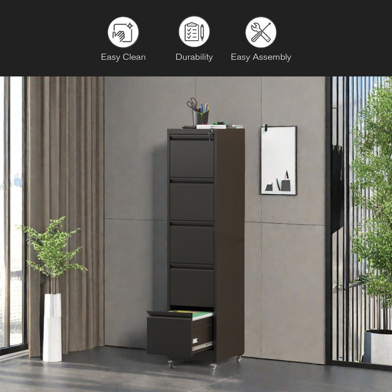 5 Drawer Metal Vertical File Cabinet With Lock On Wheels For Home Office,Heavy Duty Metal Storage Cabinet For A4/Letter/Legal Size Files