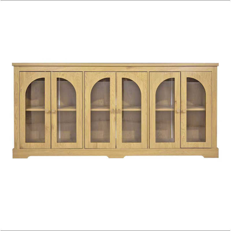 Buffet moderne de 173 cm (68 po) avec 6 portes en verre arqué, meuble de rangement avec étagères réglables, grand buffet pour salon, cuisine, entrée, couleur naturelle