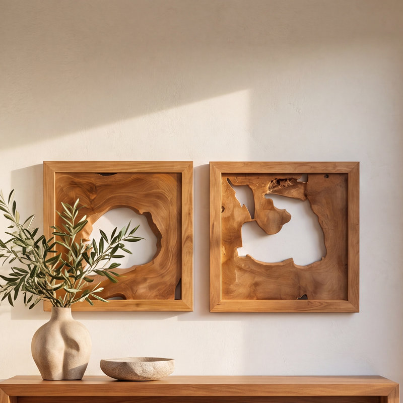 Set of Two Framed Teak Wood Wall Art Cutout Design Decorative Wall Decor for Modern Home Accent Brown Clear Coat Finish