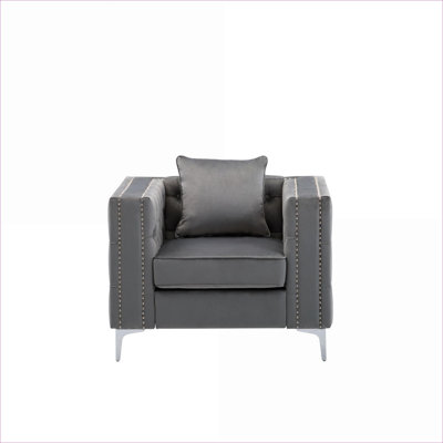 Fauteuil d'appoint capitonné de confort avec garniture cloutée, revêtement en velours gris doux de 40 po