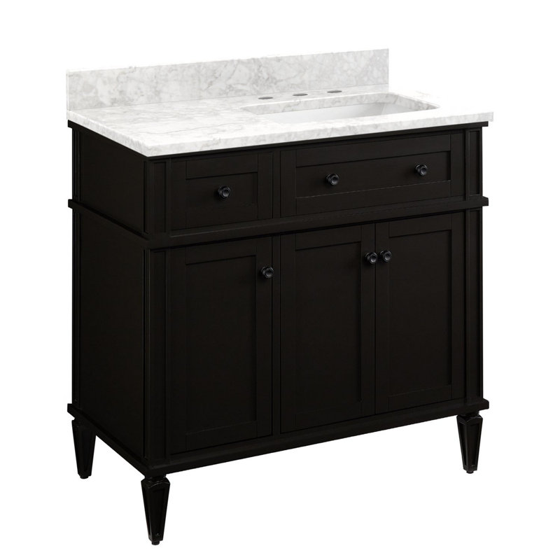 36" Elmdale Vanity for Right Offset Rect Undmnt Sink - Carrara 8" - White Sink, Black