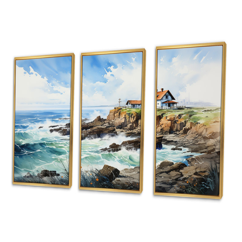 Coastal Light House Scenery - ensemble d'art mural en toile Beach Light House, Cadre flottant doré, H 28 po x l 36 po