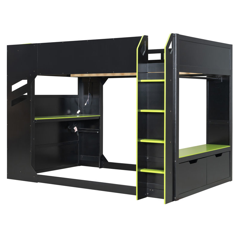 Dasher Gaming Loft Bed with Desk, Storage, Hanging Rod & RGB Lighting, Green