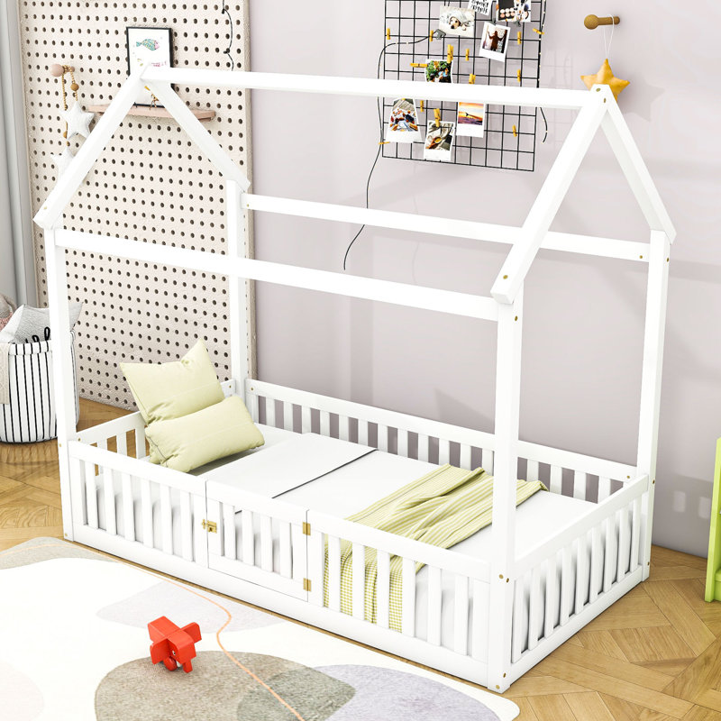 Isakson Wood House Bed with Fence and Door, Twin, White