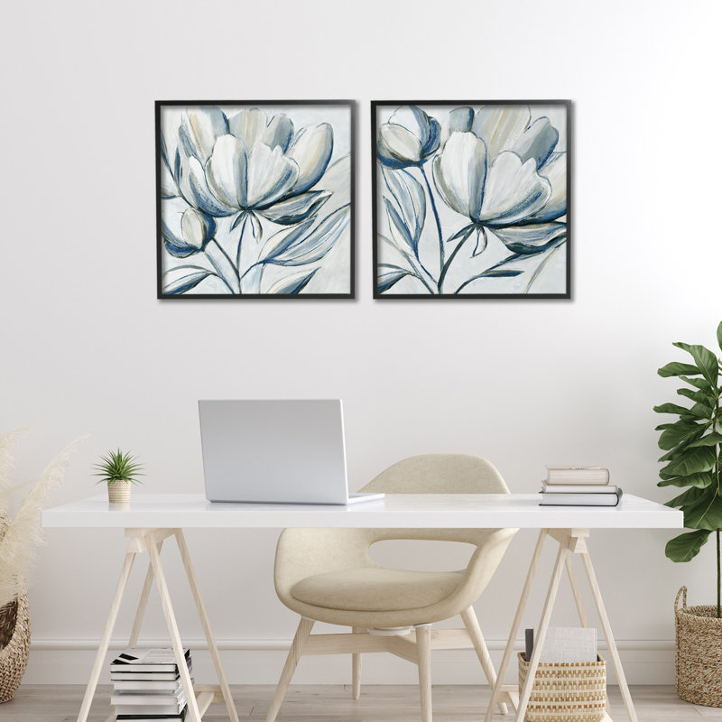 Ensemble de 2 giclées encadrées de tulipes grises brossées, design par Hannah Dawson, H 17 po x l 17 po