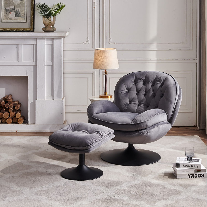 Zenon Velvet Swivel Accent Chair with Ottoman, Gray Velvet