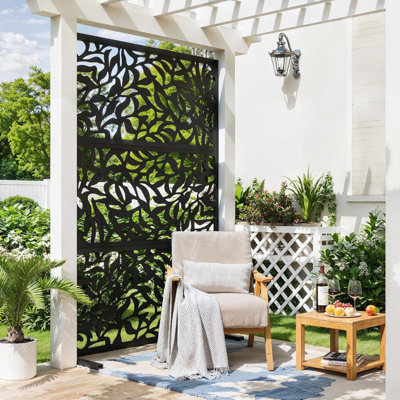 72"x47" Outdoor Metal Privacy Screen, Freestanding Laser-Cut Decorative Fence Panel with Stand, Weatherproof Galvanized Steel