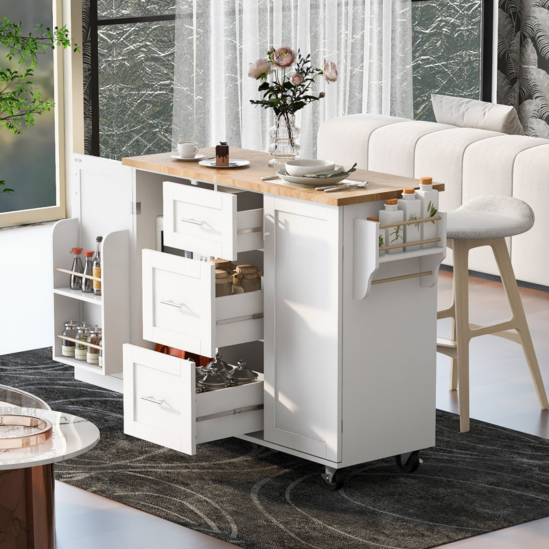 K&K Rolling Kitchen Island With Storage, White