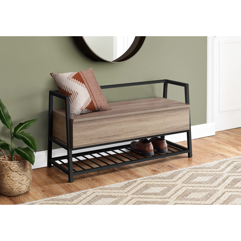 Modern Entryway Bench, 42" Rectangular, Taupe Finish, Black Metal, Storage Bench With Flip-Top For Hallway, Metal Frame, Contemporary